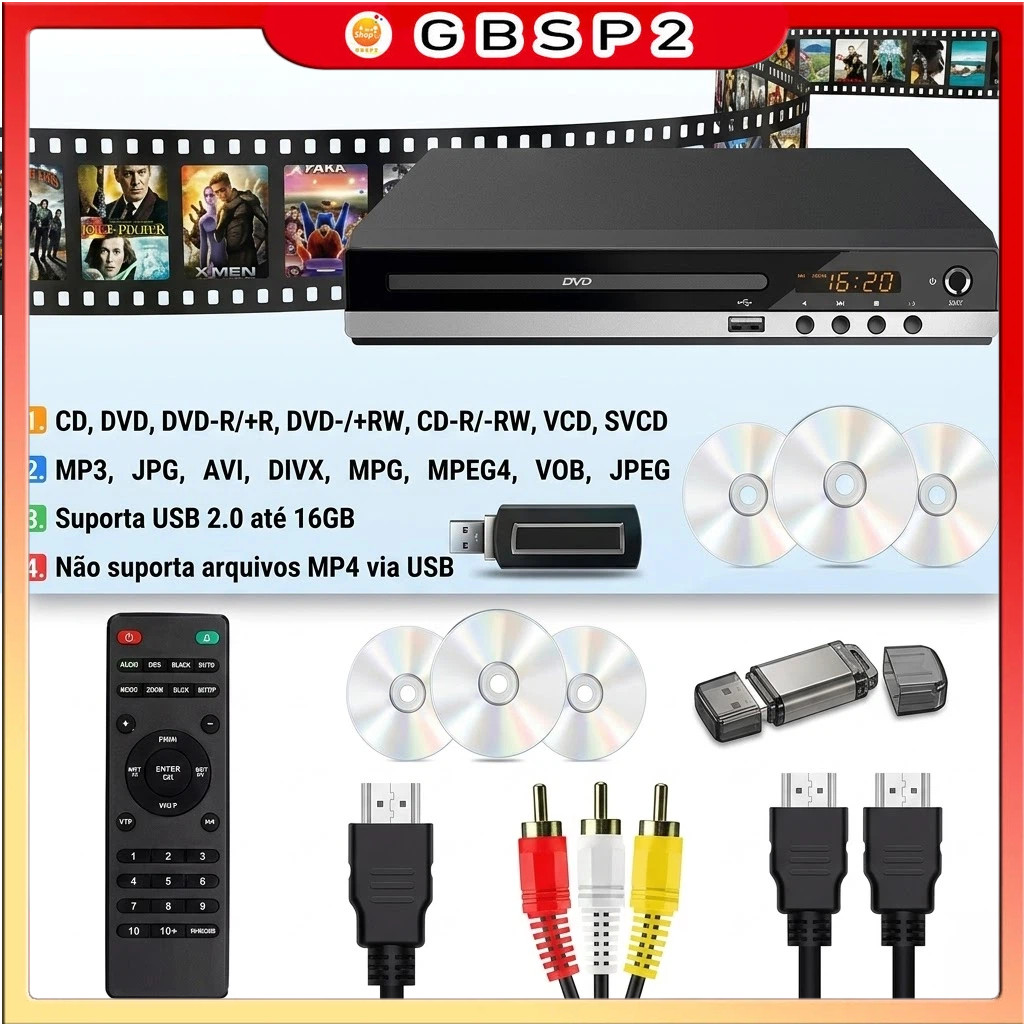 DVD Player Full HD 1080P Portátil Para TV HDMI Entrada De