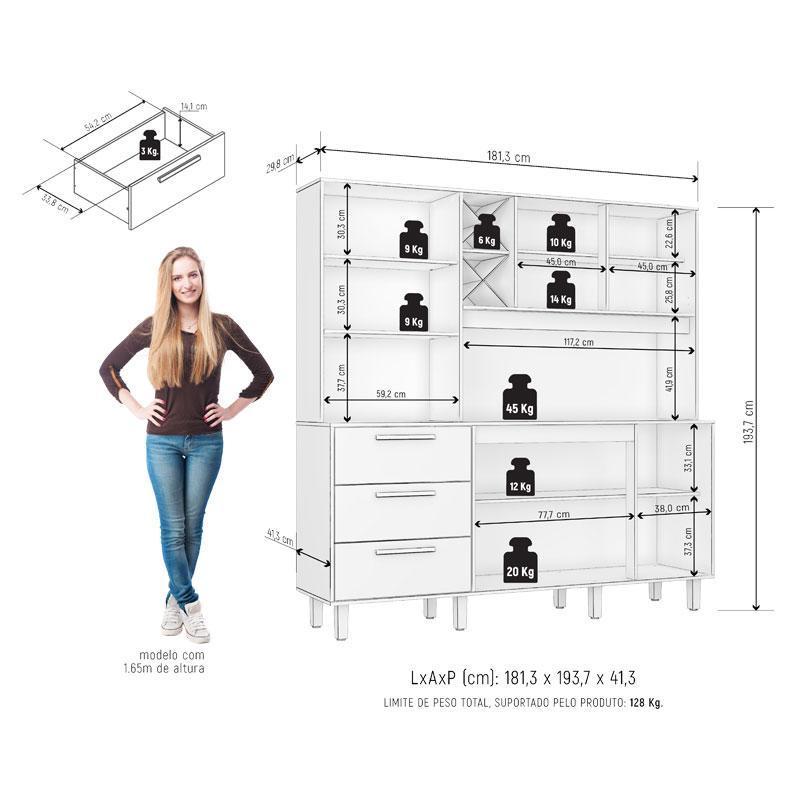 Armário para Cozinha Kit Max 181 cm 6 Portas 3 Gavetas Cinamomo