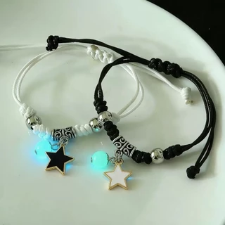 Kit 2 Pulseiras Casal Amizade Preto Branco Estrela Brilha no Escuro Ajustáveis Unissex