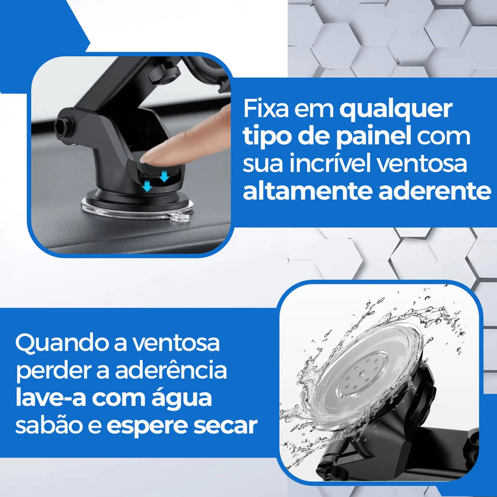 Close da ventosa de sucção sendo fixada em painel de carro com texto explicativo sobre aderência