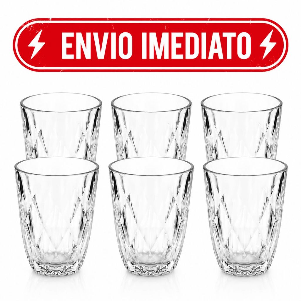 Kit Copos Diamond 300ml Vidro Grosso Resistente Luxo Agua Suco Whisky Diamantes Transparentes