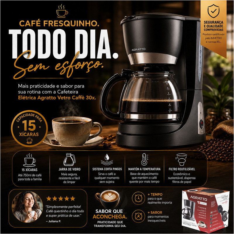 Cafeteira 15 Xícaras Cafeteira Preta Elétrica Agratto Cafeteira Jarro de Vidro 127V Maquina de Café
