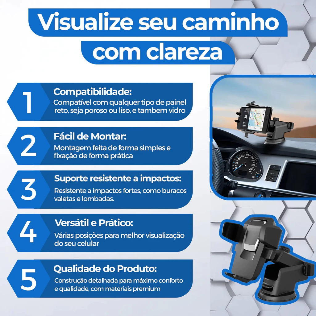 Infográfico numerado detalhando a compatibilidade, montagem, resistência e versatilidade do suporte