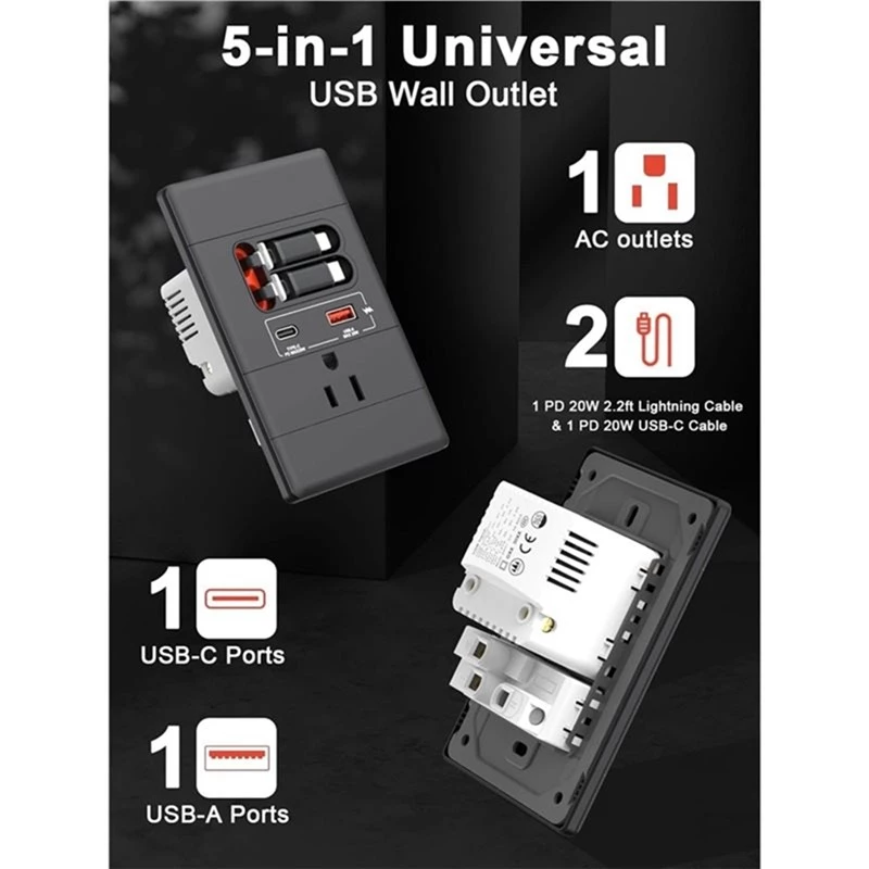 Tomada De Parede USB-C Resistente À Violação 15A 125V , Preta , Com Suporte De Cabo Retrátil GaN PD20W/A Para Dispositiv