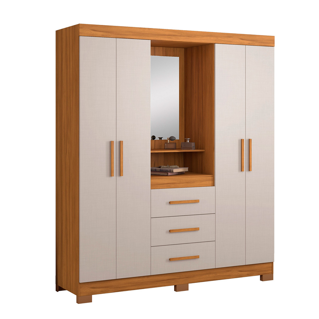 Guarda-Roupa Casal 4 Portas 3 Gavetas para Quarto com Espelho Grande Freijo com Off White - MoveisAqui