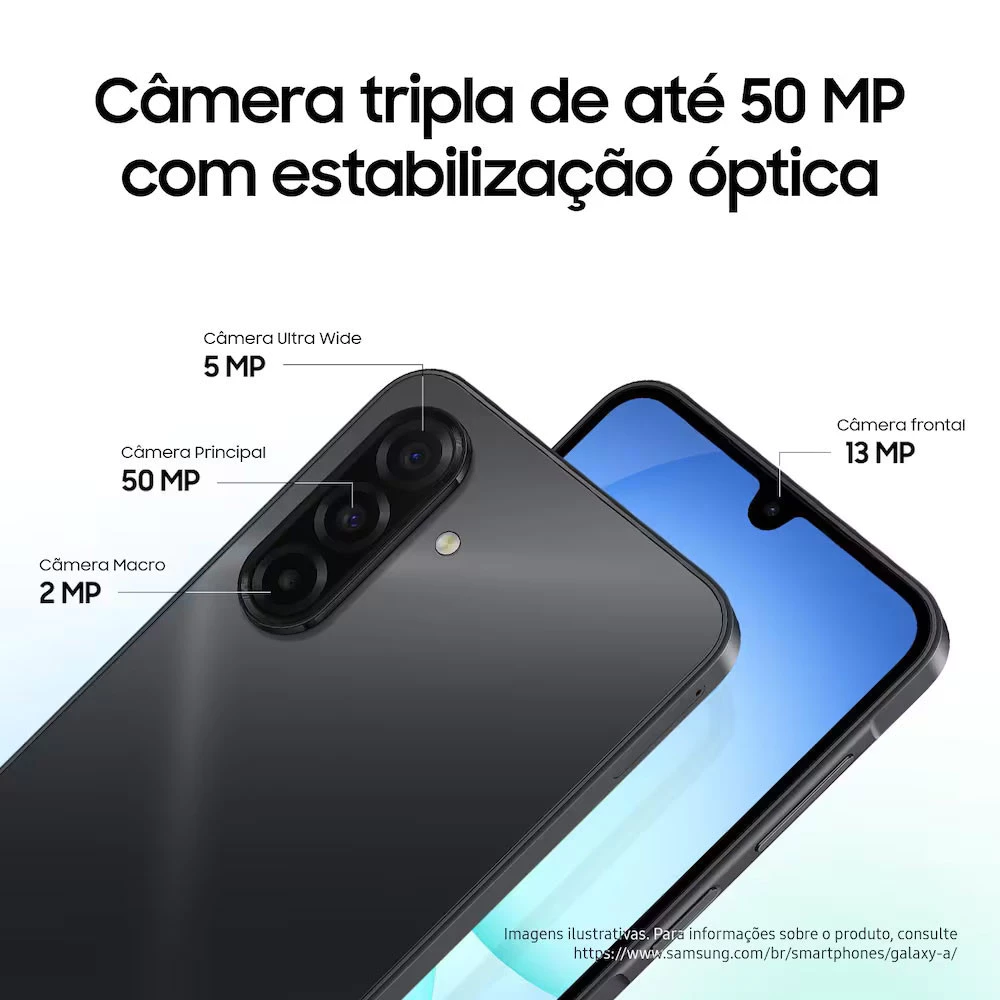 Smartphone Samsung Galaxy A17 com especificações de câmera tripla