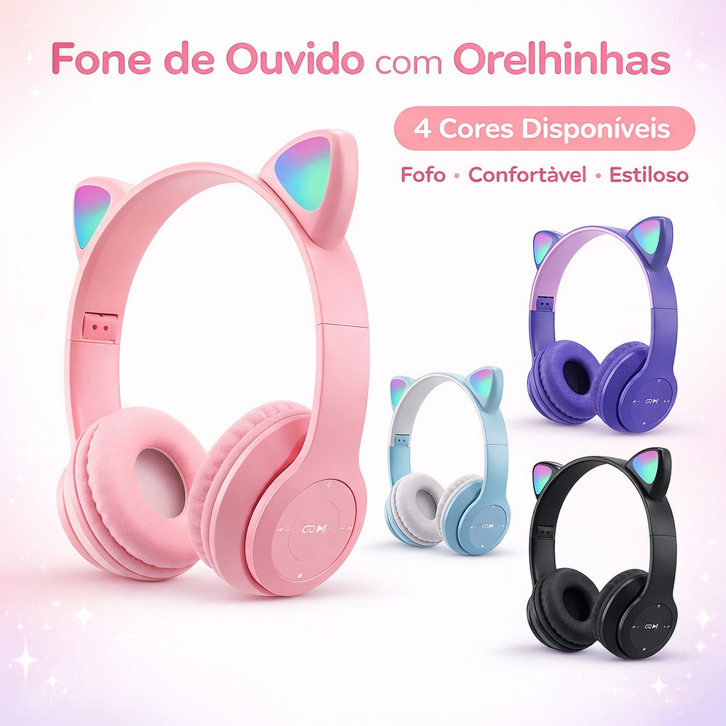 Fone de ouvido Bluetooth sem fio Infantil Orelha Gatinho, ergonômico ...