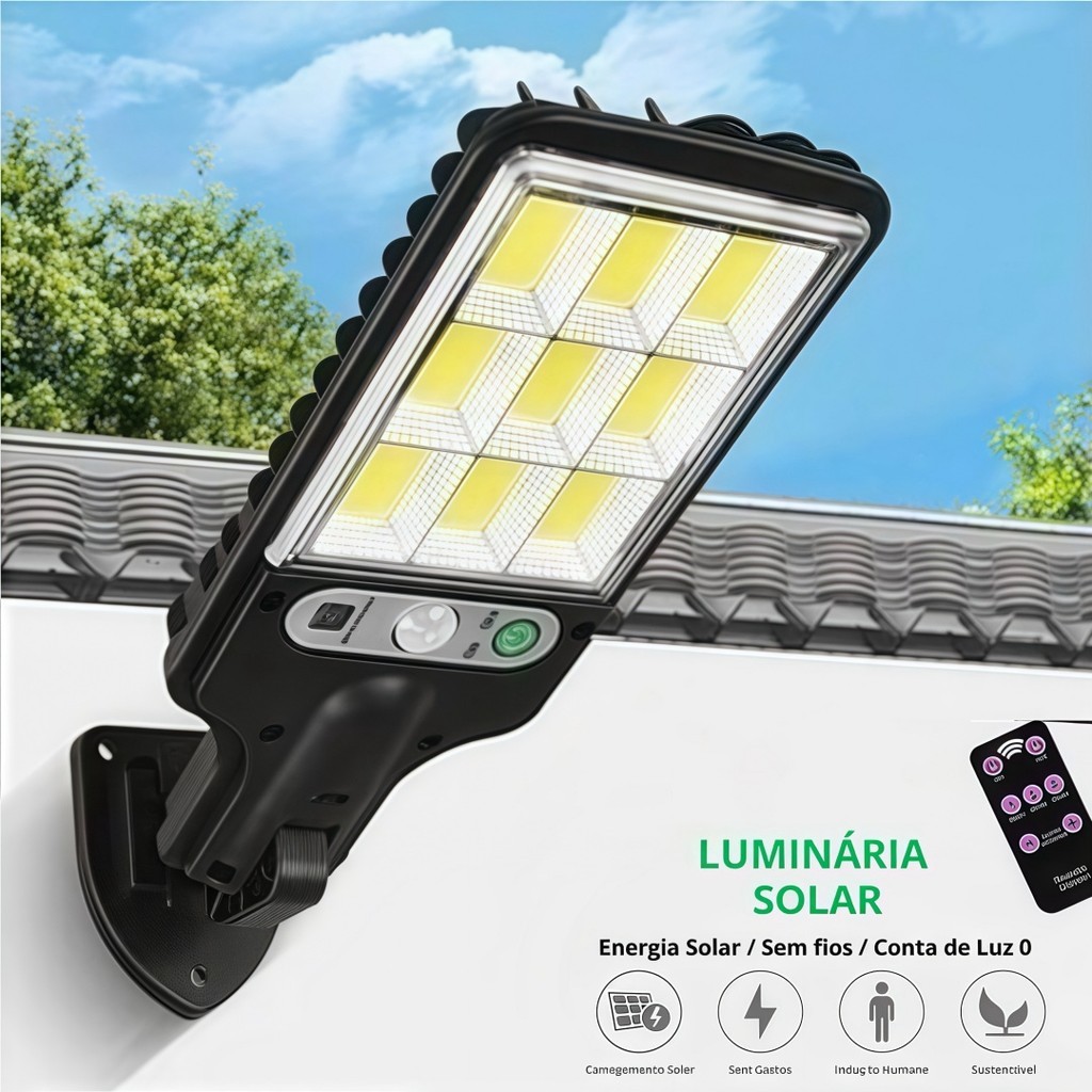 Luminária Solar Parede 108 COB LED Luz Branco Frio Prova D'Água Sensor Presença 3 Funções GT