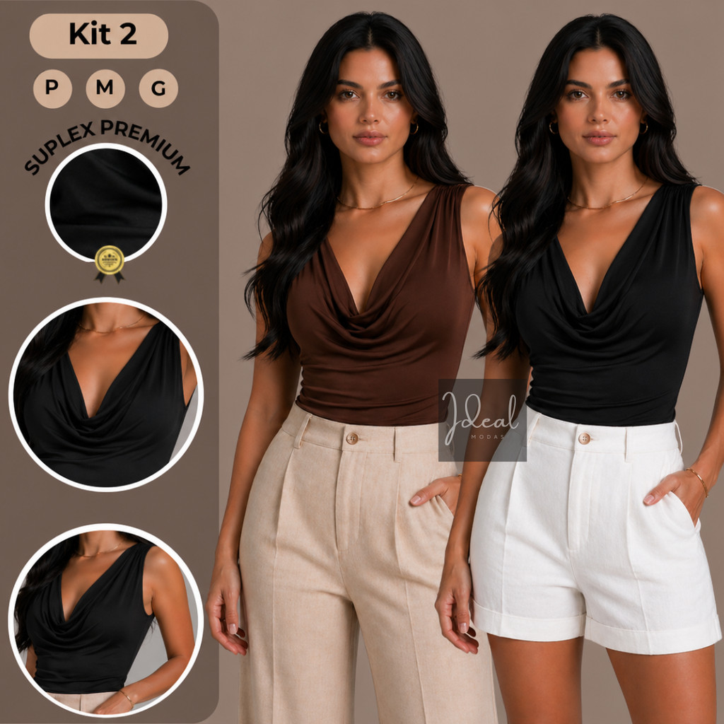 KIT 2 Blusa Feminina Regata Gola Boba Suplex Premium Regata Drapeada Blusinha Regata Verão Camisa