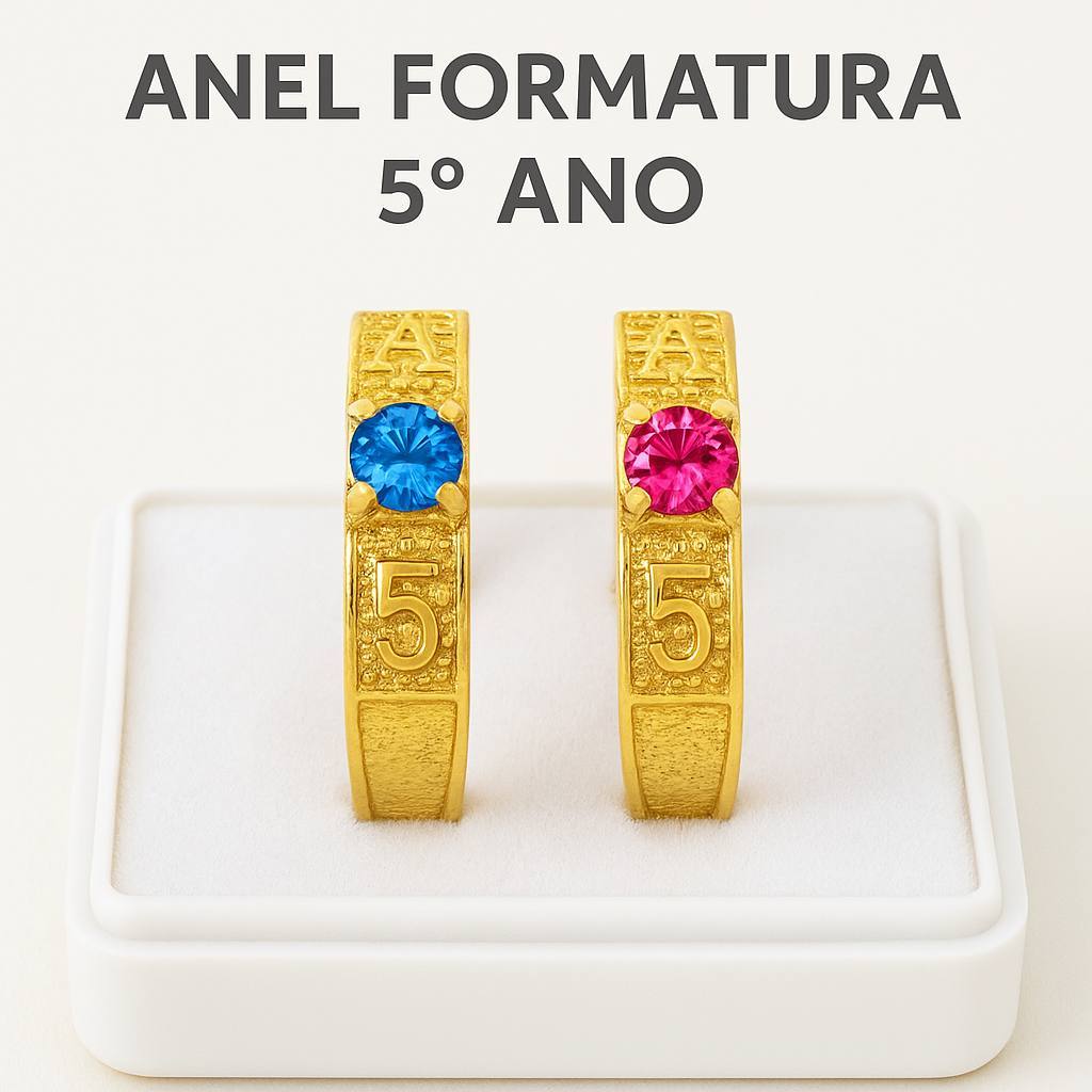 Anel de Formatura 5º Ano Infantil banhado a ouro 18k com Pedra Rosa ou ...