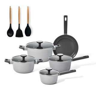 jogo 5 panelas antiaderentes de ceramica indução cinza mou trufa e 3 utensílios de silicone - oikos em Oferta na Shopee