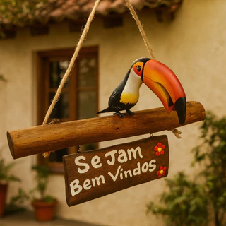 Pássaro Tucano Grande e/ou Pequeno na Placa Bem Vindos Madeira Super Resistente