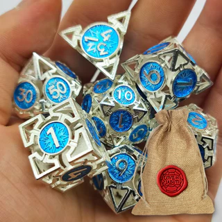 Conjunto 7 Dados RPG Metal Prime + Bolsa do Covil do Jabuti | D&D (D6 D20 D10 D12 D4 D8)
