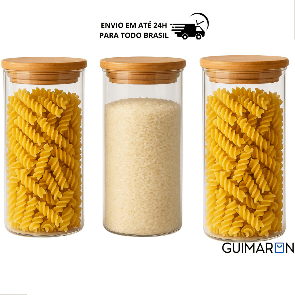 Kit 3 Potes de Vidro 1500ml Tampa de Bambu Hermetico Premium Redondo Mantimentos Tempero Alimentos