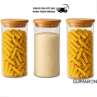 Kit 3 Potes de Vidro 1500ml Tampa de Bambu Hermetico Premium Redondo Mantimentos Tempero Alimentos