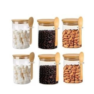 Kit 6 Potes De Vidro Redondo Tampa Bambu Hermético Colher 200ml pote hermetico vidro colher bambu
