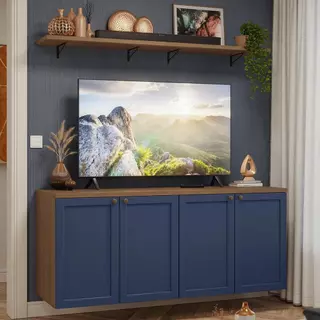 Rack para TV até 70 Polegadas + Prateleiras 160cm Rustic/Azul Vik Madesa 05 em Oferta na Shopee
