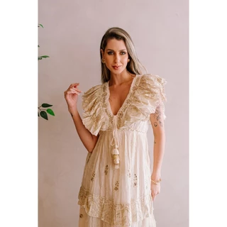Vestido Longo Boho Chic com Babados Decote em V WGSI-05-06 em Oferta na Shopee