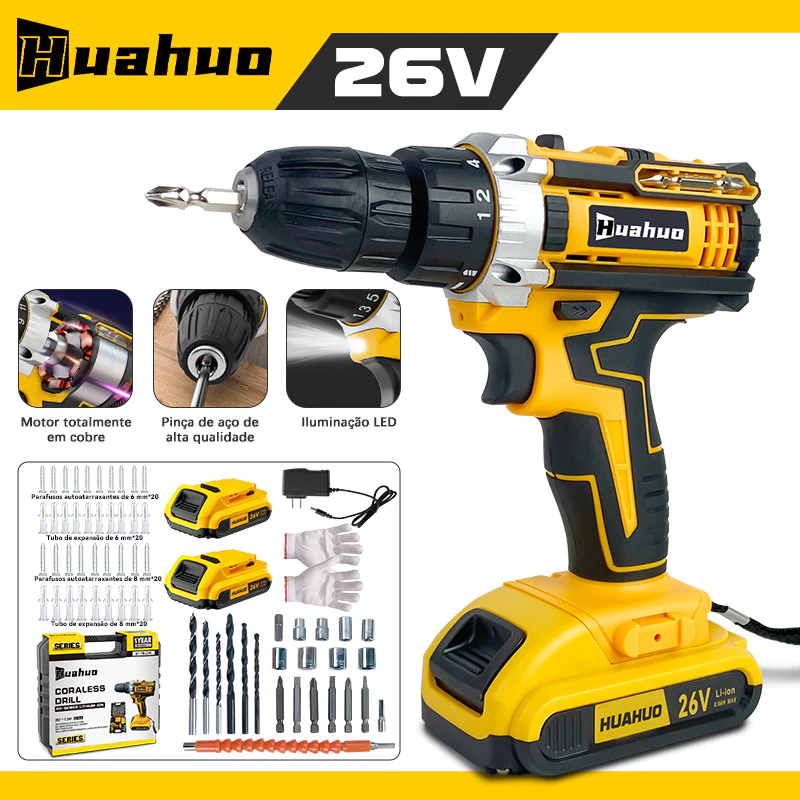 110V/220V Parafusadeira Furadeira Elétrica Amarela / Verde 26V 2 Baterias Com Maleta e Acessórios Completo