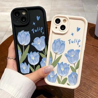 Capinha Capa de silicone Anti-impacto Tulipa azul para iPhone 13 14 15 16 12 pro max plus case