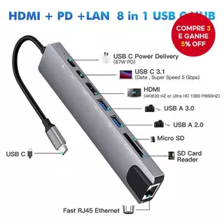 Hub USB 8IN1 Type C Adaptador Multiport 4K HD RJ45 Ethernet USB3.0 PD Porta De Carregamento TF Leitor De Cartão SD