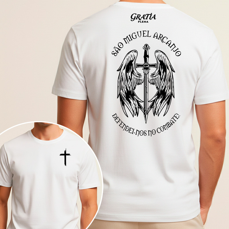 Camiseta Defendei-nos no Combate São Miguel Arcanjo Algodão Quaresma Frei Hessed Católica