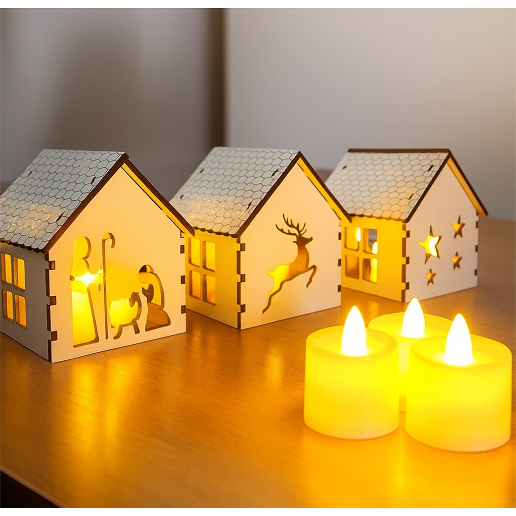 Trio de Casinhas Natalinas Brancas LED VELA Decoração de Natal MDF Pisca Pisca
