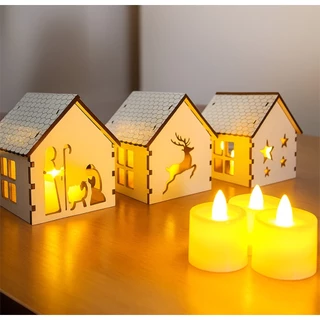 Trio de Casinhas Natalinas Brancas LED VELA Decoração de Natal MDF Pisca Pisca
