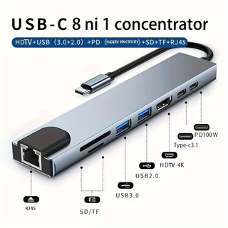 Adaptador de Hub 8 Em 1 - Tipo-C USB3.0 TF Leitor De Cartão SD USBC RJ45 Portas PD Para PC Laptop Phone