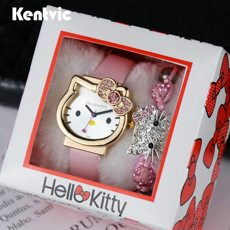 Conjunto De Relógio E Pulseira Feminino Hello Kitty Com Caixa De