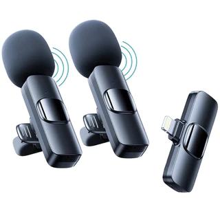 Microfone de Lapela Sem Fio K9 Compatível Tipo C e iPhone, Até 6 horas, Com 2 Unidades Microfone