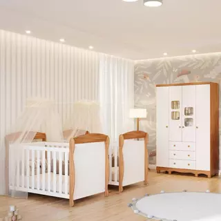 Quarto de Bebê Gêmeos 2 Berços Americano Marquesa Guarda Roupas 4 Portas Uli 100%MDF em Oferta na Shopee