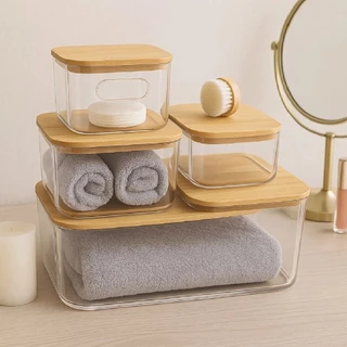 Kit de 5 Cestos Organizadores de Acrilico com Tampa de Bambu em Oferta na Shopee