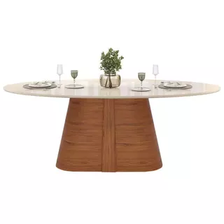 Mesa de Sala Jantar Ryze c/ Tampo Madeirado c/ Vidro Oval 218x108cm Freijo/Off White - DJ Móveis em Oferta na Shopee