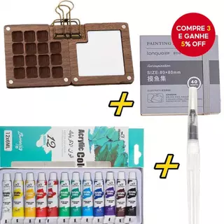Kit Mini de Pintura em Aquarela 5 Pcs - Kit de Pintura Portátil para Artistas - Caixa de Madeira com 15 Grelhas Mini