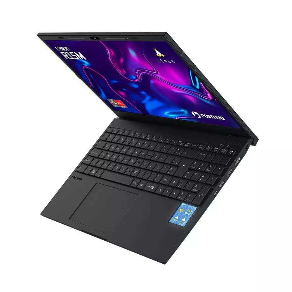 Notebook Positivo Vision R15M em ângulo lateral exibindo o design fino e a tela IPS ligada