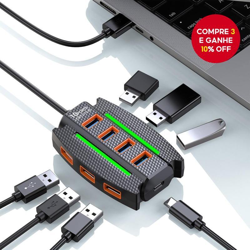 Expansor de Porta USB 2.0 RGB com 10 Portas, Divisor USB 2.0 com 10 ...