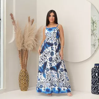 Vestido longo feminino com lastex nas costas, estampado. em Oferta na Shopee