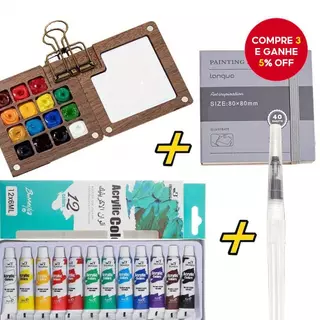 Kit de Mini Aquarela com 5 Peças - Conjunto Portátil para Viagem: Paleta de Madeira com 15 Divisões e Clipes, Pincel,