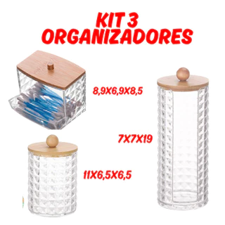 KIT 3 Potes Organizadores Porta Algodão Porta Cotonete Tampa De Bambu Multiuso Acrlico em Oferta na Shopee