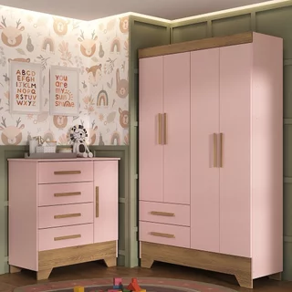 Quarto Infantil Completo Guarda Roupa 4 Portas 2 Gavetas com Cômoda Liz Rosa Fosco/Nature em Oferta na Shopee