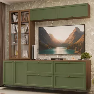 Estante Sala de Estar com Rack + Cristaleira 230cm Rustic/Verde/Rustic Vik Madesa 02 em Oferta na Shopee