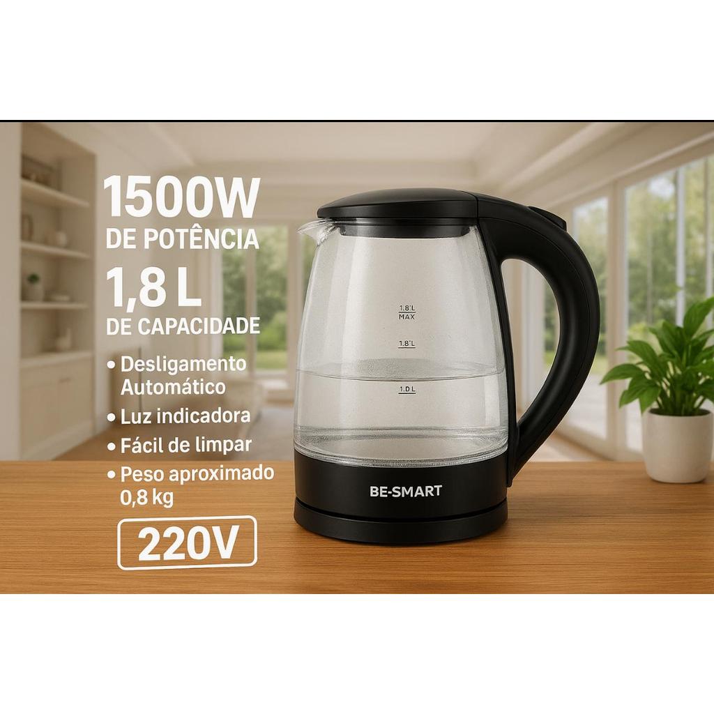 Chaleira Elétrica De Vidro 1,8L Vidro Be Smart Preto 220V