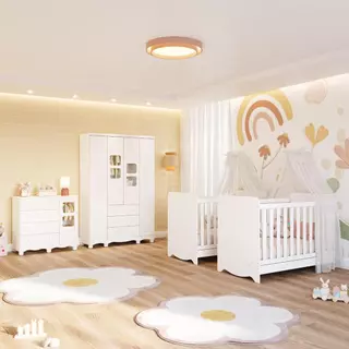 Quarto Bebê Gêmeos 2 Berços Americano Ben Guarda Roupas 4 Portas Cômoda Uli 100%MDF em Oferta na Shopee