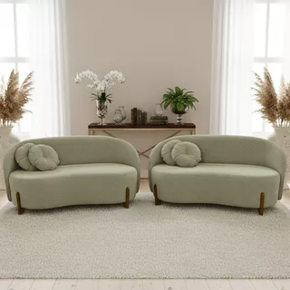 Kit 02 Sofás Orgânicos 2 Lugares C/2 Almofadas Curvo Sala Recepção Amsterdã Boucle Verde Oliva - Montanari's Decor