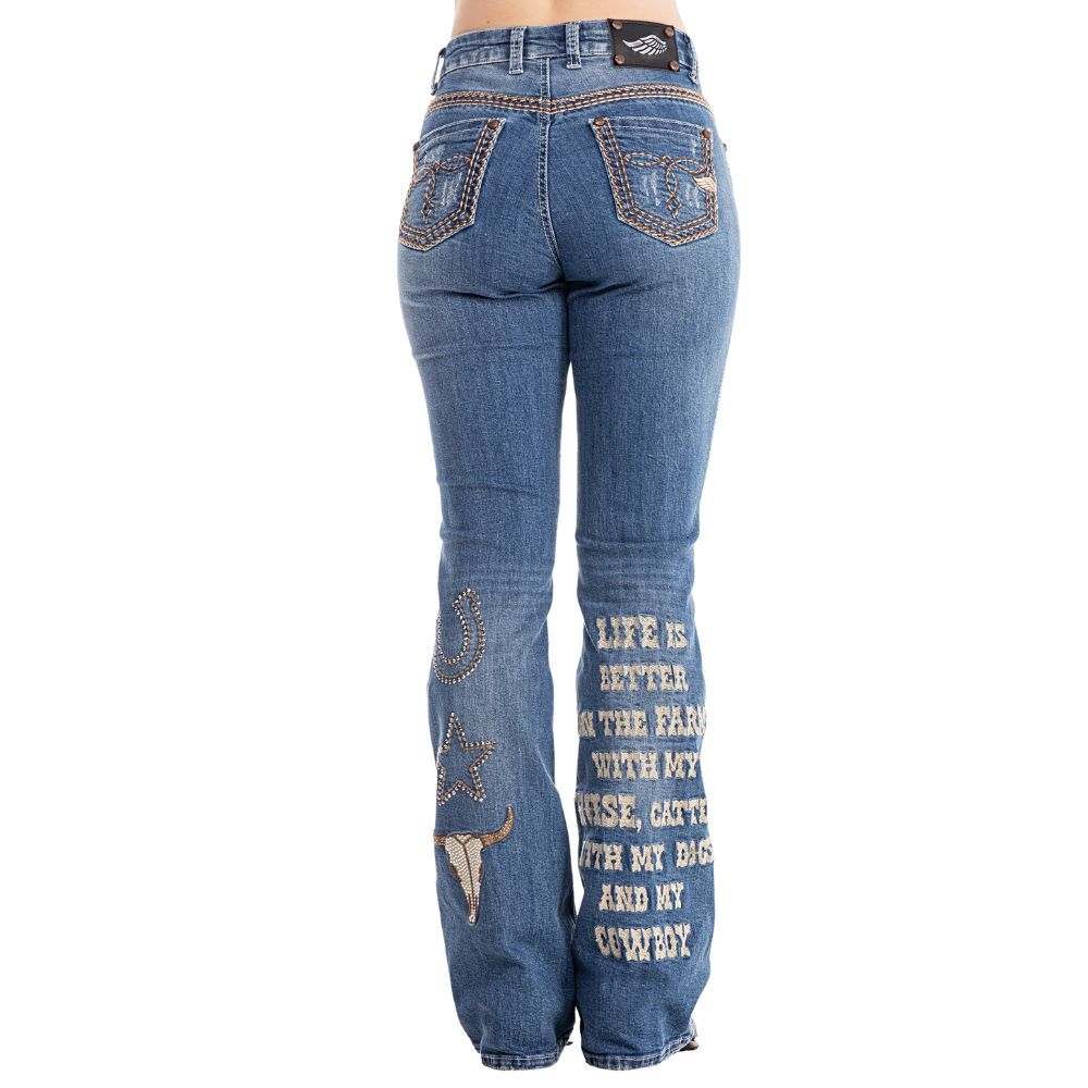 Calça Feminina Zenz Western Jeans Old Farm Com Bordados E Brilhos