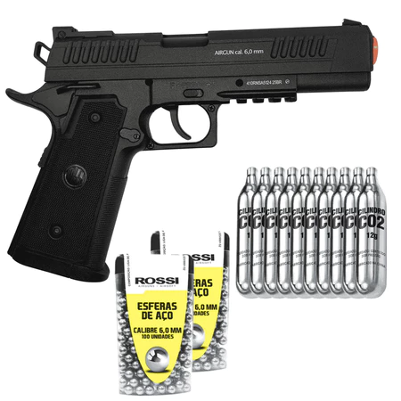 Pistola Wingun 1911 Tactical 6mm + 200 Esferas Aço + 10 Cilindros CO2 12g