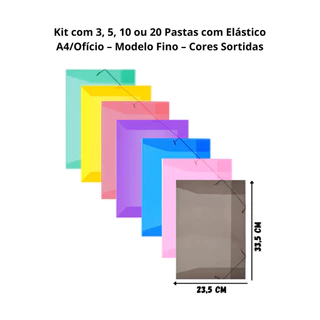 Kit com 3, 5, 10 ou 20 Pastas com Elástico e aba A4/Ofício ACP – Modelo Fino – Cores Sortidas