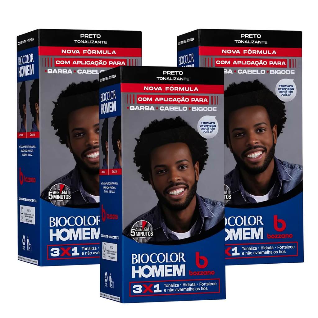 Tonalizante Biocolor Homem 3x1 Bozzano Preto - Kit 3 un | Shopee Brasil