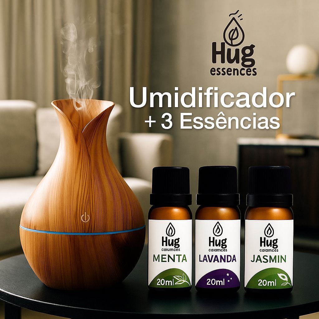 Umidificador De Ar + 3 Essências Sortidas Hidrossolúvel | Difusor Modelo Vaso 200ml | Essências 20ml